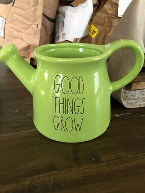 Rae Dunn Green Ceramic Watering Can with Black Script